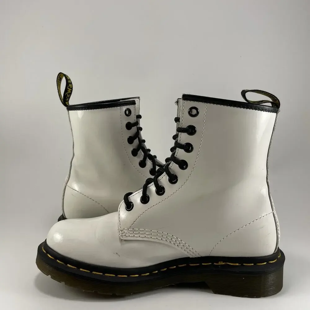 Dr Martens Doc 1460 W Combat Boots Womens Size 6 White Patent Leather Lace Up